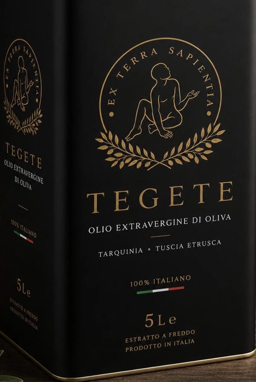 Latta nera Tegete con sigillo dorato, olio extravergine di oliva, Tarquinia Tuscia etrusca